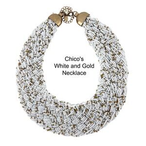 Chicos White Gold Braided Seed Bead Choker Multi Strand Statement Bib Necklace